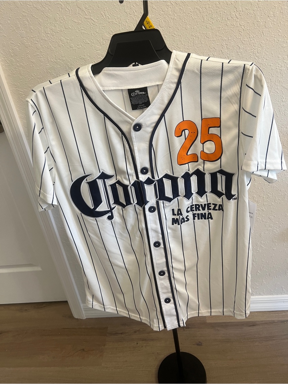 Corona White Pinstripe Jersey with Navy Trim and Orange Accent (L)